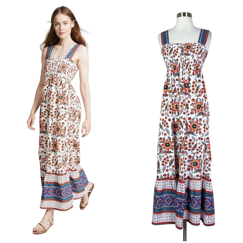 Joie | Chisuzu Floral Print Smocked White Blue Red Cotton Summer Maxi Dress XS